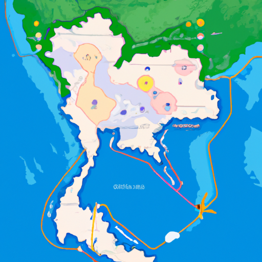 מפה של תאילנד עם מסלולי טיסה ושדות תעופה שונים, המציגה אפשרויות חלופיות לנסיעה.
