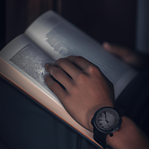 תמונה של מבוגר עונד שעון מצוקה אלגנטי ומודרני בזמן קריאת ספר.
